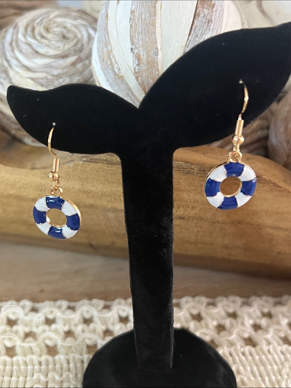 Blue and White Lifesaver Drop Earrings - Gold Hooks